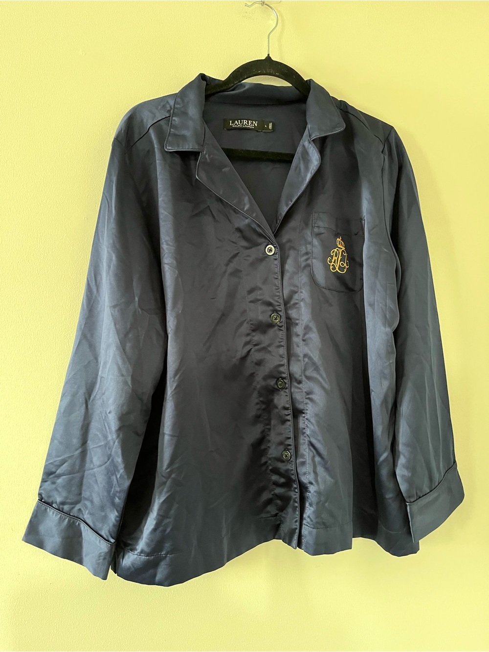 Lauren Ralph Lauren Navy Blue Satin Button Up Pajama Top Large Quiet Luxury
